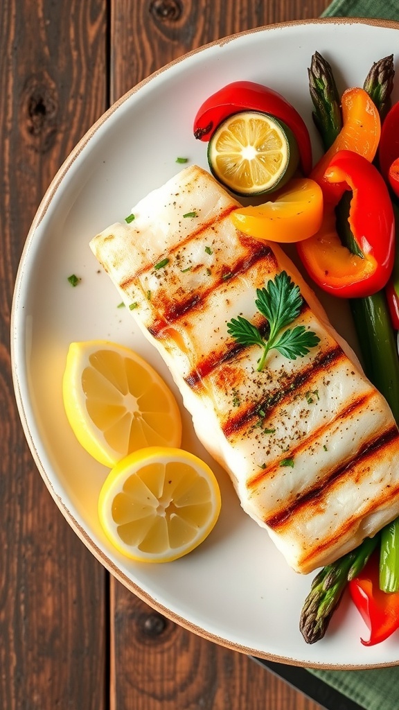 Grilled Tilapia with Vegetables Recipe Grilled tilapia fillets with colorful vegetables on a rustic table, garnished with parsley and lemon.
